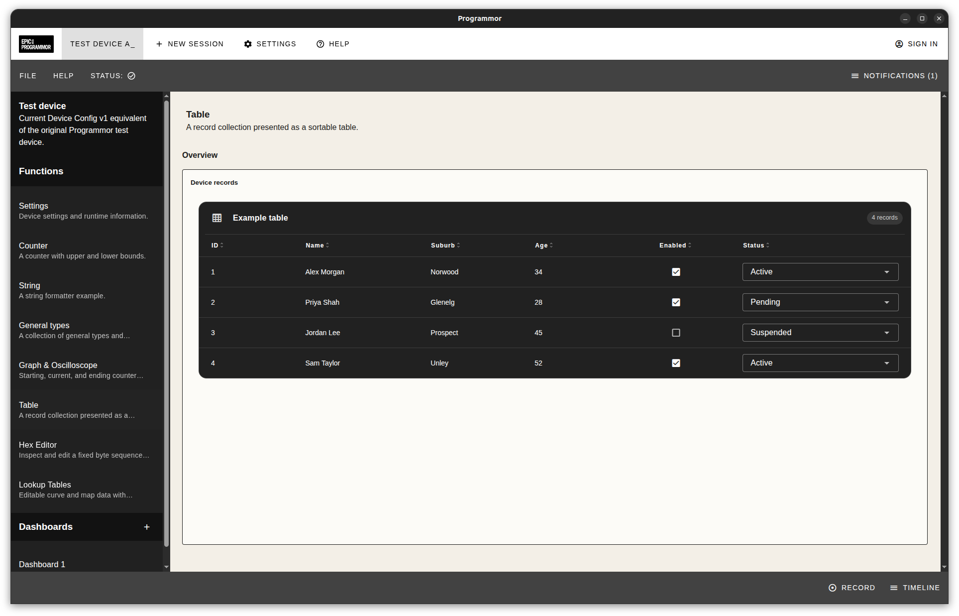 Programmor dark theme record table with sortable fields, Boolean values, and status controls