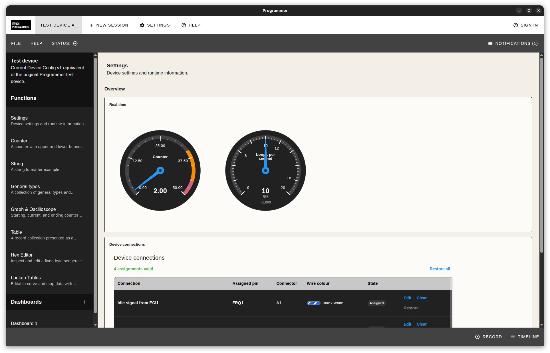 Programmor dark theme device overview with two live gauges and a device connections table