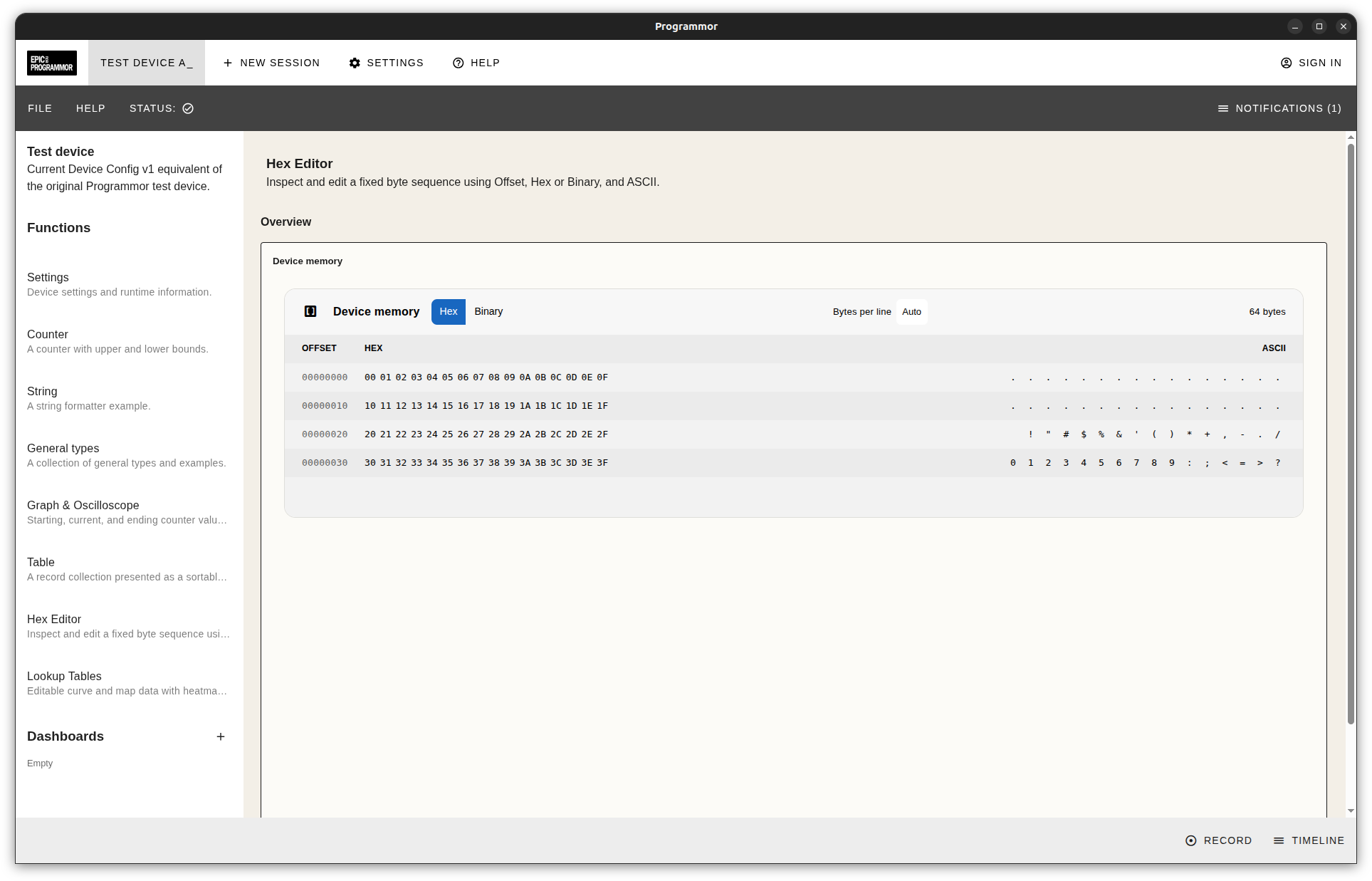 Programmor light theme hex editor showing device memory as offsets, hexadecimal values, and ASCII