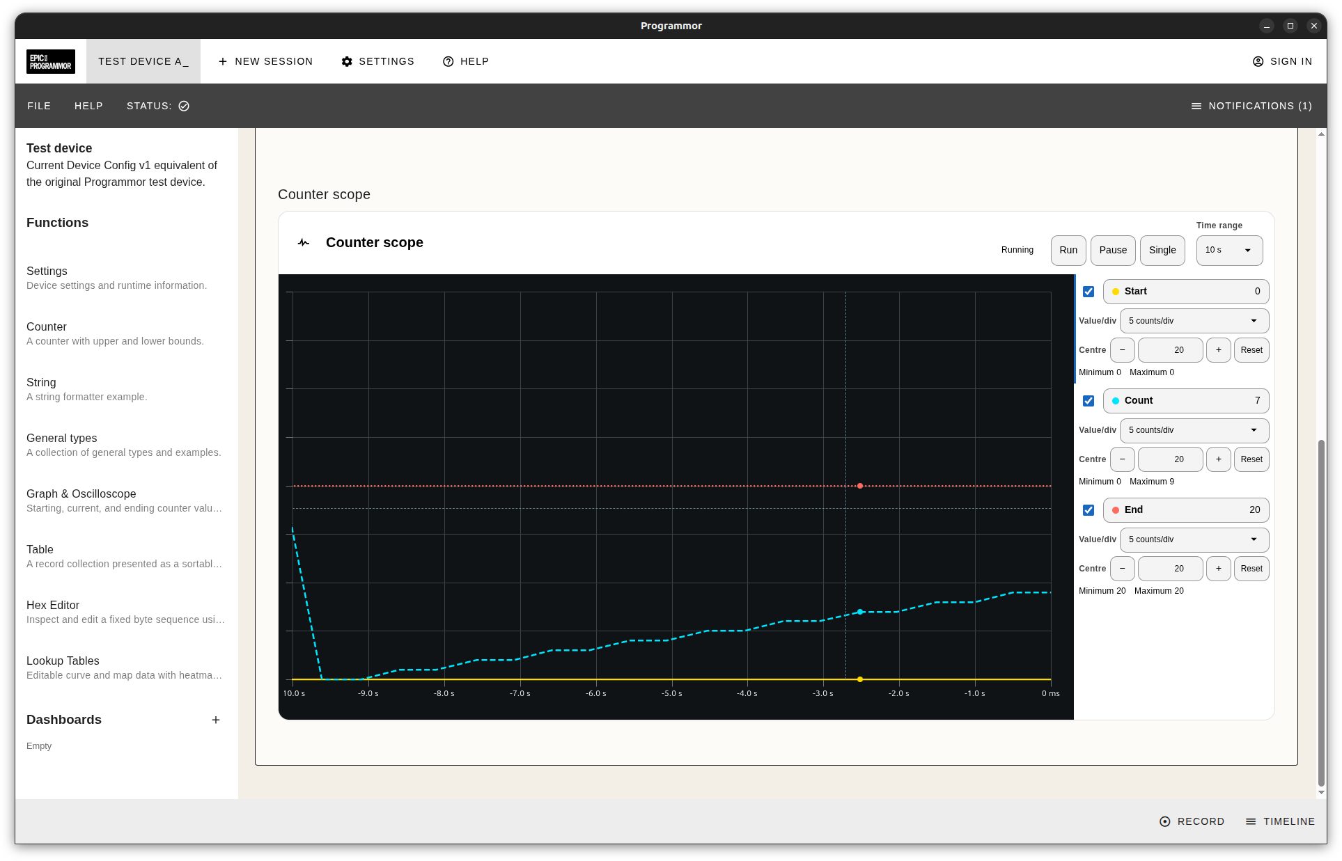 Programmor light theme oscilloscope with live traces, time controls, and channel controls