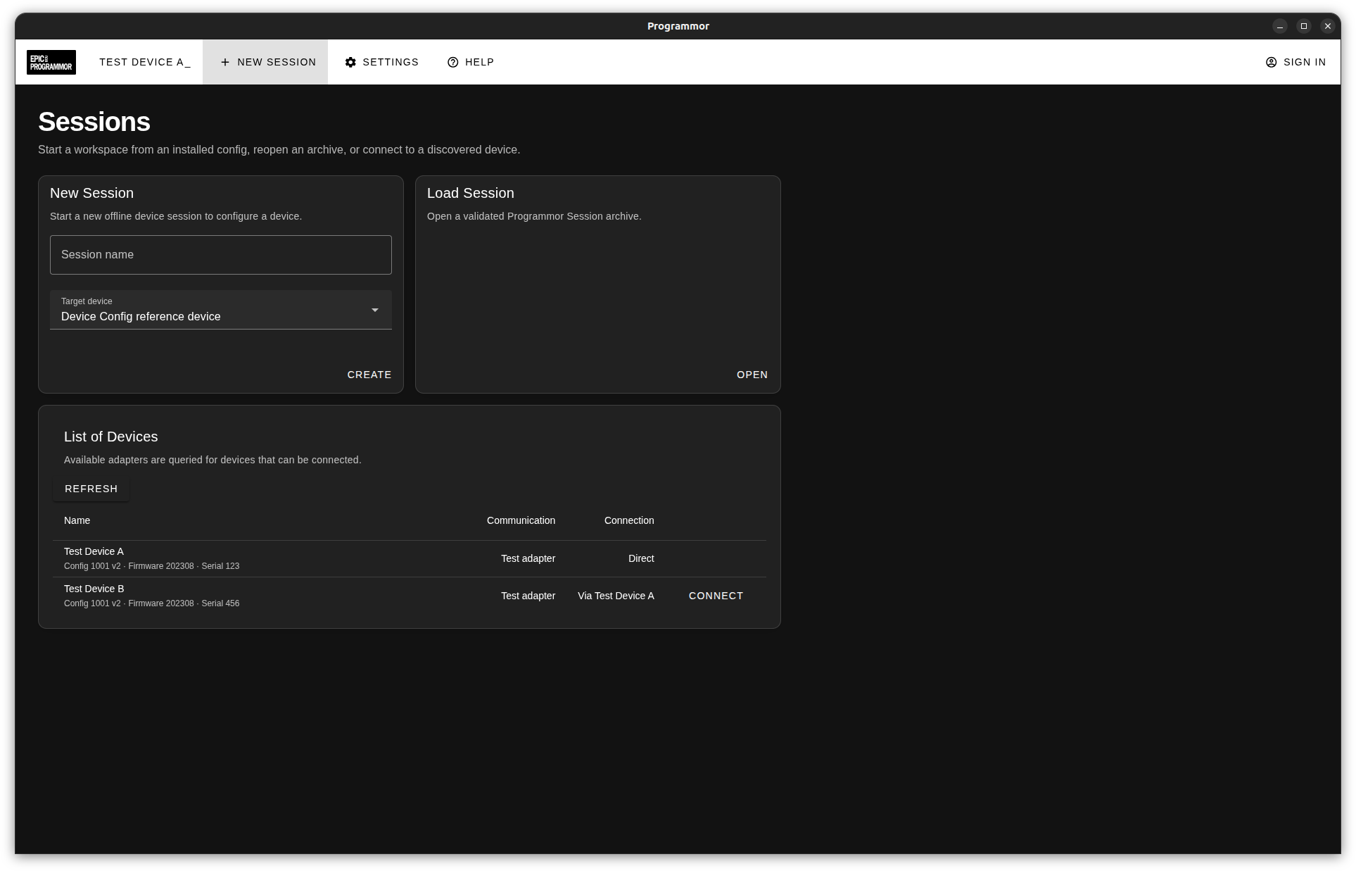 Programmor session workspace in the dark theme with options to create, load, or connect to a session