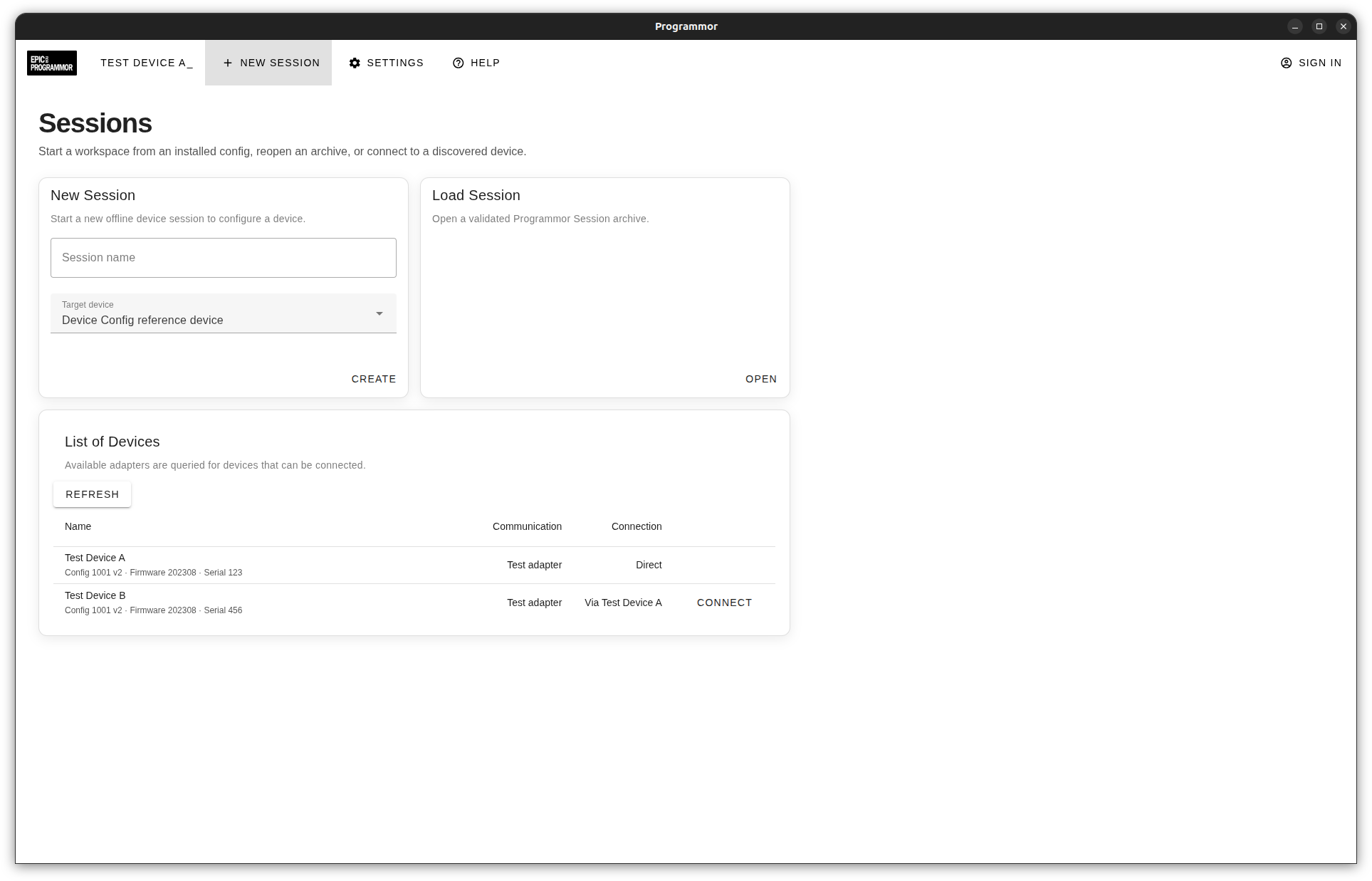 Programmor session workspace in the light theme with options to create, load, or connect to a session