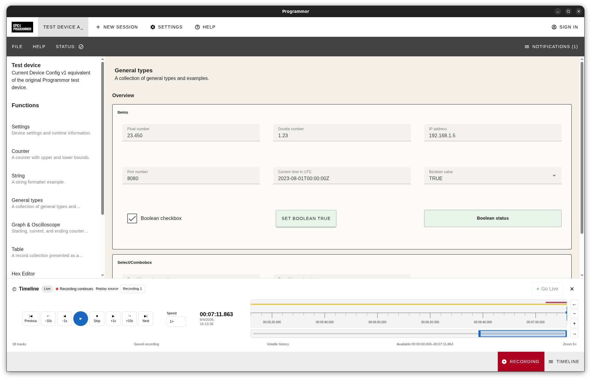 Programmor light theme recorded session with playback controls and a multi-track timeline