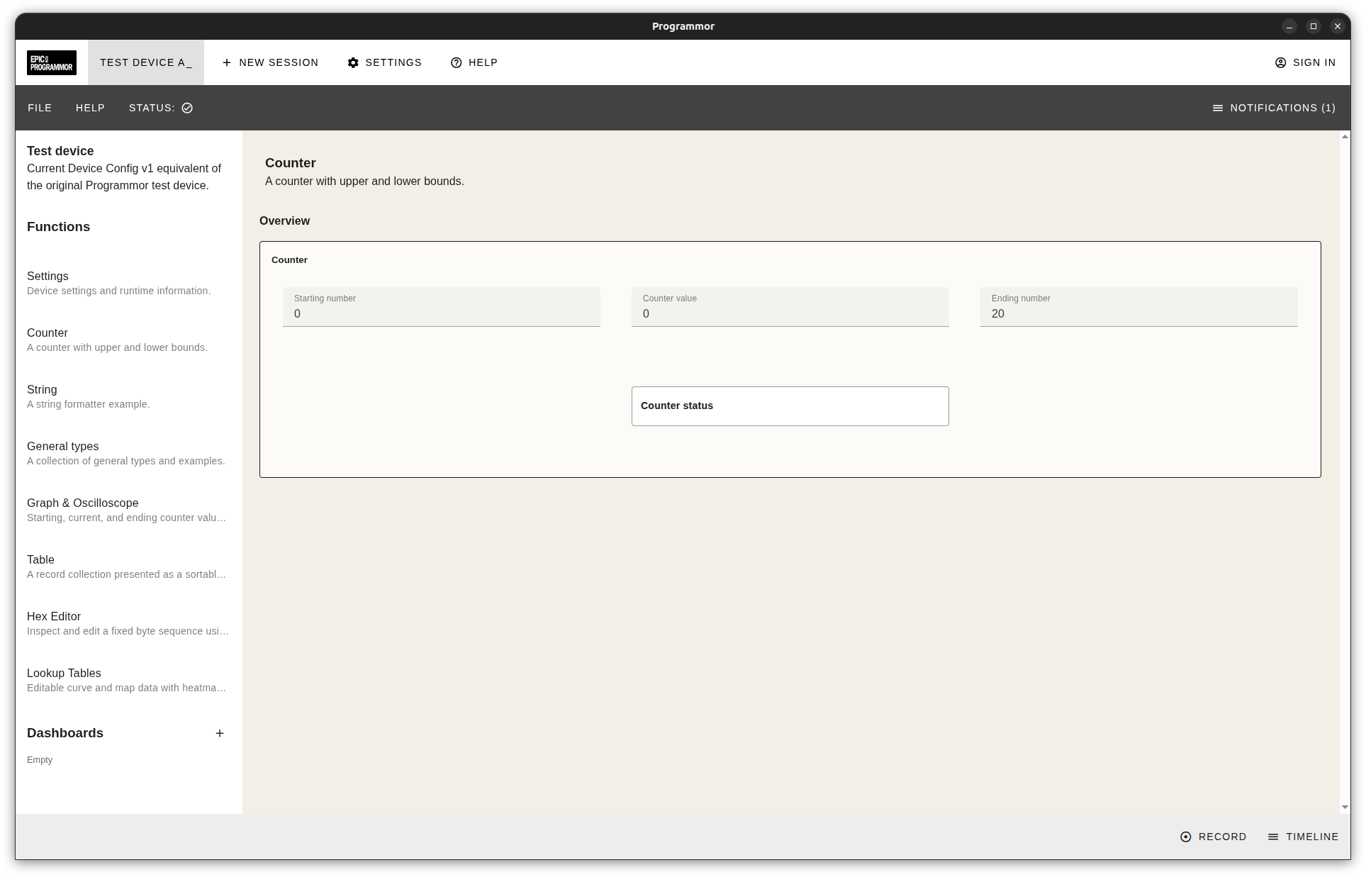 Programmor light theme counter controls with starting, current, and ending values